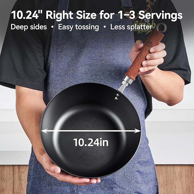 WANGYUANJI Small Carbon Steel Wok with Glass Lid (10.24"), 10 Inch Compact Stir Fry Pan for One Person, Thickened Deep Iron Skillet for Induction & Electric Stove, Flat Bottom Nitrided Wok, Black