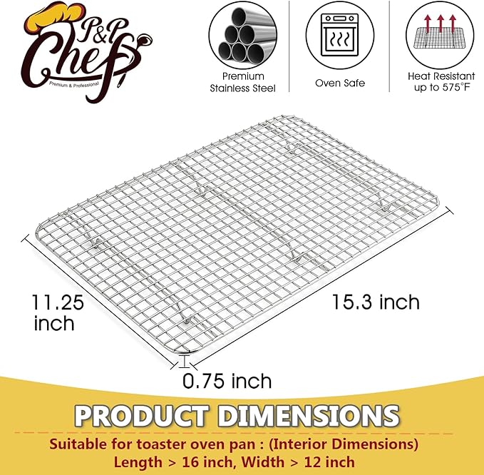 P&P CHEF 15.3 Inch Cooling Baking Rack Set of 2, Stainless Steel Grid Cooking Racks for Roasting Drying Grilling, Oven & Dishwasher Safe, Heavy Duty & Healthy