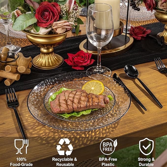 Rubtlamp 60Pcs Black Plastic Plates, Black Heavy Duty Graduation Plastic Plates, Clear Disposable Party Plates, Hammered Fancy Plates Include 30 Dinner Plates, 30 Salad Plates For Graduation Party