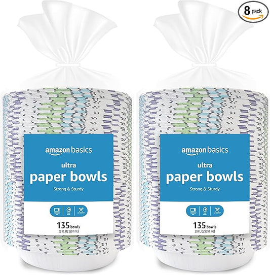 Amazon Basics Ultra Paper Bowls, 20 Oz, Disposable, 1080 Count (8 packs of 135), White (Previously Encore)
