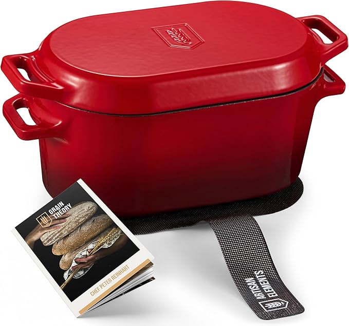 KooK Enameled Cast Iron Dutch Oven for Sourdough Bread Baking - 3.4 Qt Pot with Lid for Even Heat Distribution - Includes Silicon Bread Sling and Recipe Book for Home Bakers