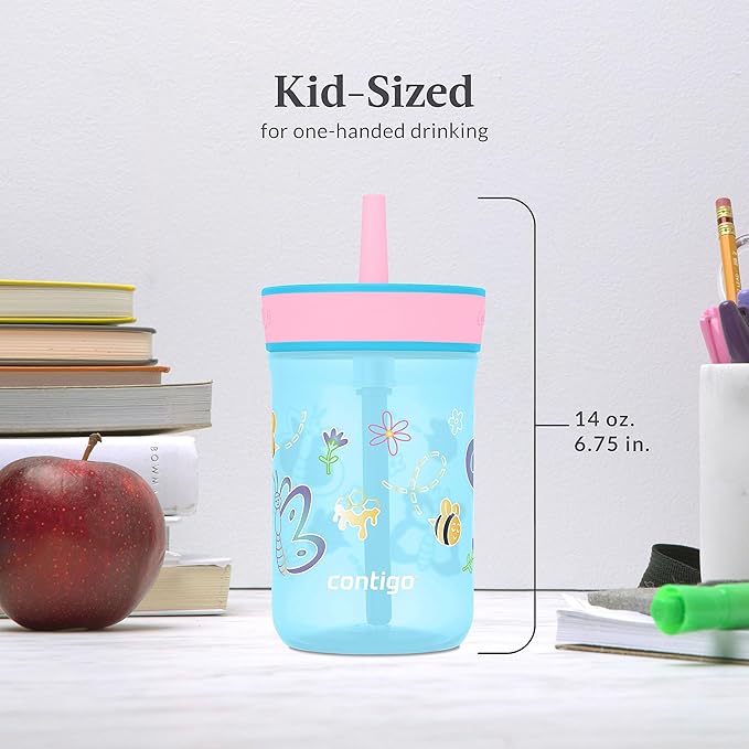 Contigo Leighton Kids Water Bottle,14oz,Spill-Proof,Blue Raspberry/Azalea & Butterlies/Llamas,Dishwasher Safe Tumbler with Straw,(Pack of 8)