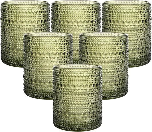 Moretoes Cocktail Glasses 10 oz Hobnail Drinking Glasses Set of 6, Vintage Glassware, Textured Glass Cups Bubble Glasses Water Glasses Old Fashion Jupiter Glasses Set (Green)