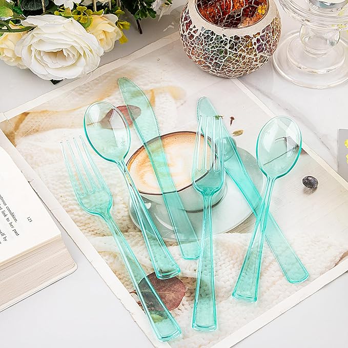 WDF 180 Pieces Green Plastic Silverware Disposable - Clear Green Cutlery Sets 60 Forks, 60 Knives and 60 Spoons - Heavy Duty Plastic Utensils for Party, Summer
