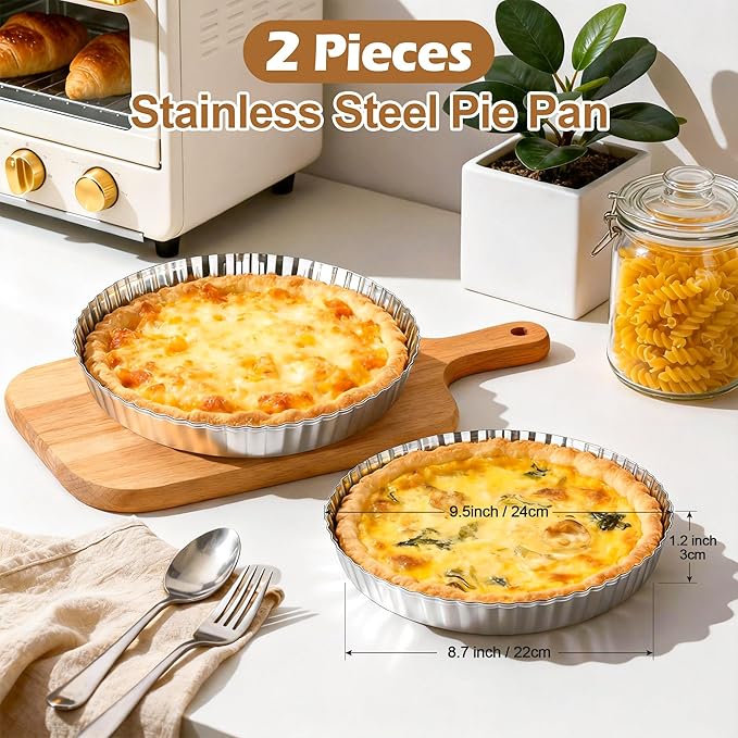 E-far 9.5 Inch Pie Pans, Stainless Steel Pie Baking Dish Tart Quiche Pan for Oven Baking, 2-Piece Round Pie Plate Tins with Fluted Edge & Seamless Bottom, No Leakage and Dishwasher Safe, Mirror Silver