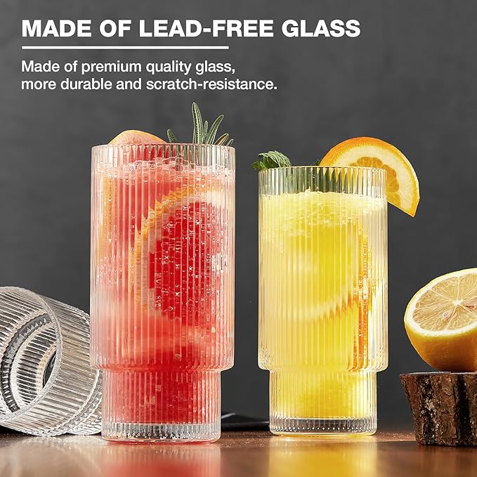 6 Pack Ribbed Drinking Glasses, 16 oz Vintage Glass Cups, Highball Glasses, Premium Iced Coffee Glasses, Clear Glass Tumbler, Cocktail Glasses, Elegant Glassware for Water Juice Whiskey Beer