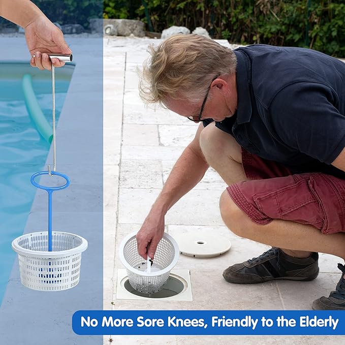 Dreyoo Pool Skimmer Basket Handle, Universal Skimmer Basket Hook Tool with Handle for Inground Above Pool Debris Removal, Keeps Hands Clean and Safe(1 Piece)