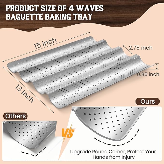 Baguette Bread Pan, Premium Nonstick Perforated Baguette Pan for French Bread Baking, 4 Loaves Baguette Baking Tray for Sourdough, Italian Bread, Perfect for Creating Crisp Golden-Brown Crust