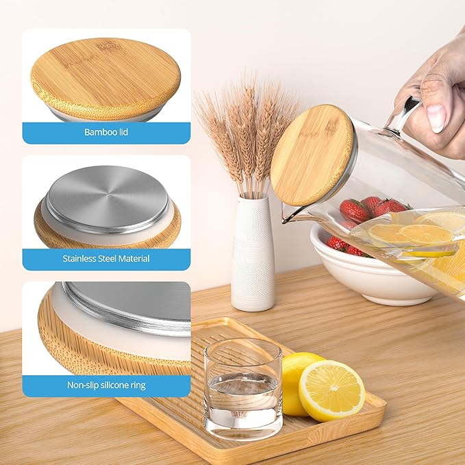 3 Sets Glass Pitcher with Lid, 50 oz / 1500 ml Water Carafe with Handles Hot Cold Beverage Water Jar Glass Jug (Bamboo lid)