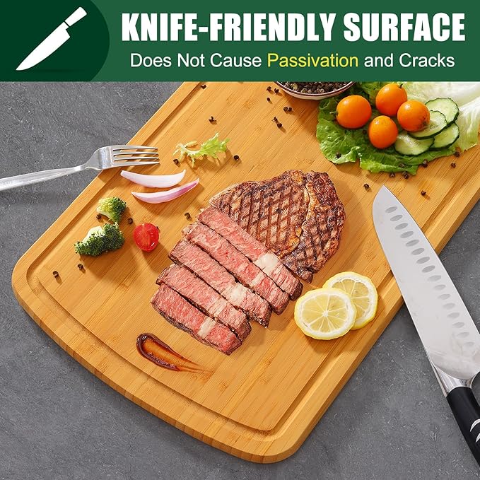 Homaxy Large Bamboo Cutting Boards for Kitchen,14.5x11.5" Wood L Cutting Board with Juice Groove, Wooden Butcher Block Chopping Board for Kitchen, Meat, Cheese, Fruit & Vegetables - Pre Oiled