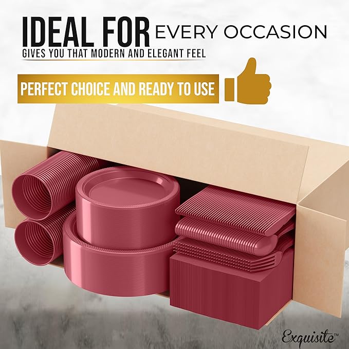 350 Pcs Burgundy Plastic Plates For Party, Burgundy Disposable Plates Set, 50 Of Each 9" Dinner Plate Set, 7" Dessert Plate, Cups, Napkins & Cutlery Plastic Dinnerware Set Exquisite