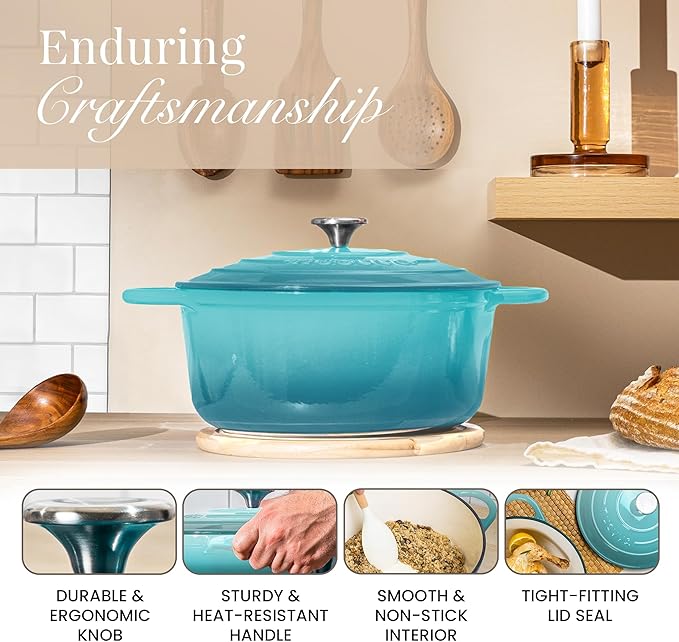Cast Iron Dutch Oven with Lid – Non-Stick Ovenproof Enamelled Casserole Pot – Sturdy Dutch Oven Cookware – Teal, 3.1-Quart, 22cm – by Nuovva