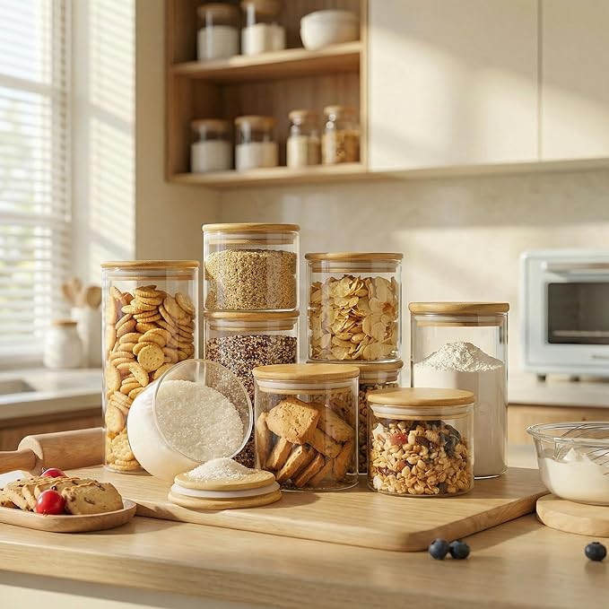 21oz - 4 Pack Glass Jars with Bamboo Lids, Glass Food Storage Containers with Airtight Lids, Air Tight Pantry Storage Containers for Coffee, Sugar, Spice, Meal Prep Jars for Salad & Fruit
