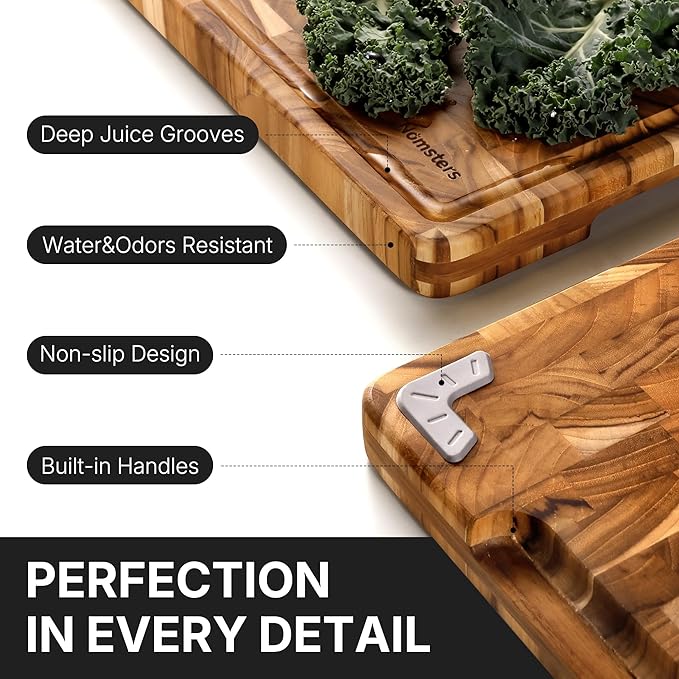 Teak Wood End Grain Cutting Board Set of 2 with Non-slip Feet, Reversible Cutting Boards for Kitchen with Juice Grooves and Handles Non Toxic Chopping Board Butcher Block Serving Tray Kitchen Gift