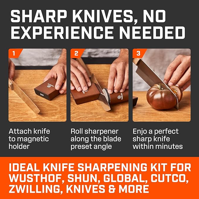 The Original Tumbler Rolling Knife Sharpener™ - Knife Sharpening Made Easy - Rolling Knife Sharpener Tool for Kitchen Knives - Knife Sharpener Kit Offers 15 & 20 Degree Sharpening (Wood)