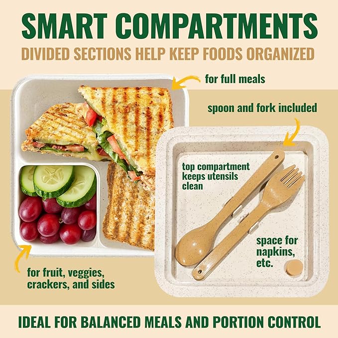 Lunch Box for Kids, Large 2-Compartment, Durable and Microwave Safe, BPA-Free with Utensils, Wheat Straw Snack Containers for Kids – Beige