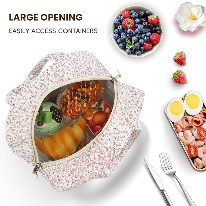 Quilted Lunch Box for Women,Coquette Aesthetic Lunch Box for Teen Girls,Cute Floral Lunch Bags for Work, School,Office,Picnic,Travel (pink floral)