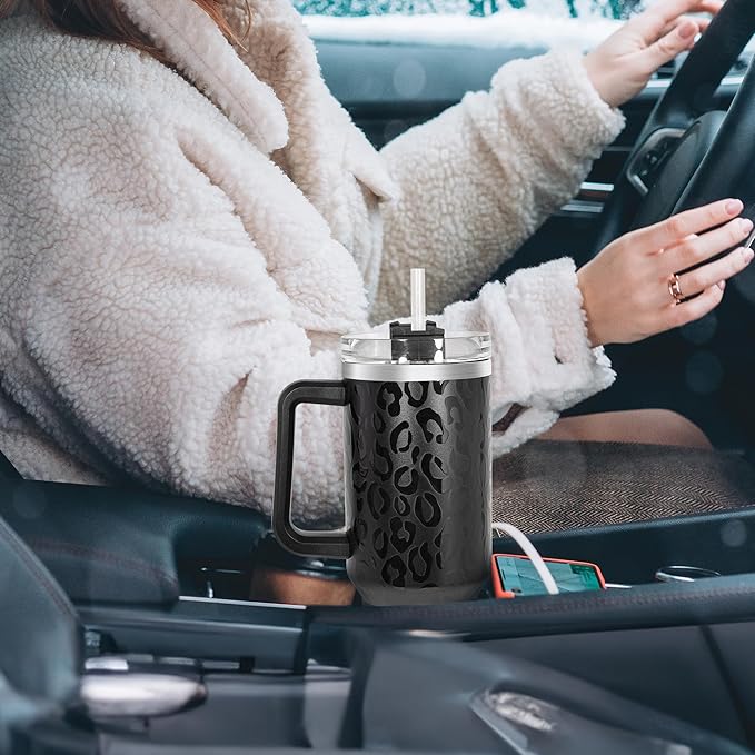 40 oz Tumbler with Handle and Straw, 100% Leak-Proof Travel Mug, Stainless Steel Double Wall Vacuum Insulated Coffee Cup Keeps Cold For 34 Hours, Full Black Leopard