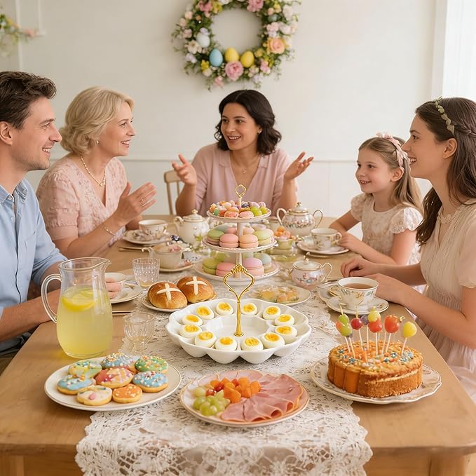 1 Tier Ceramic Easter Deviled Egg Platter 12 Hole Deviled Egg Tray Container, Detachable Eggs Holder Tower for Easter Party Food Container for Kitchen Countertop Microwave Dishwasher Freezer