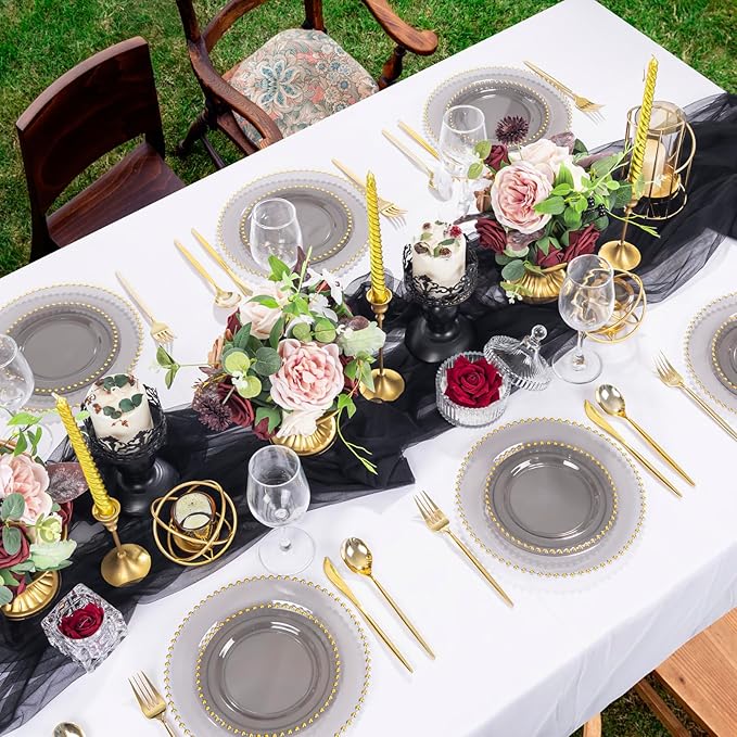 EI 60pcs Clear Black and Gold Plastic Plates Disposable Plates Heavy Duty,10" Dinner & 7" Dessert Clear Black Plate Perfect Wedding,Party,Birthday,Anniversary,Business Events