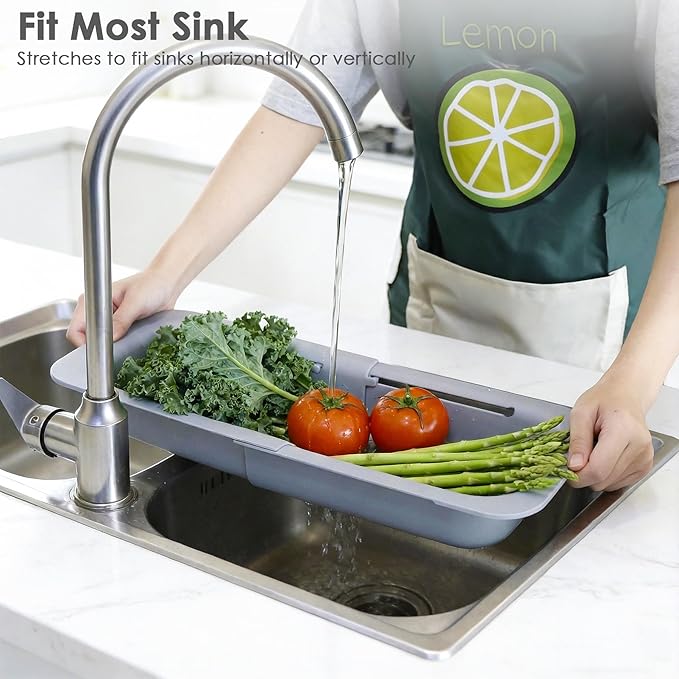 Extendable Colander Strainer Basket, Over the Sink Colander and Strainer for Kitchen, Wash Vegetables and Fruits, Drain Pasta and Dry Dishes, Adjustable Colander from 13.5In to 18.7In, Gray