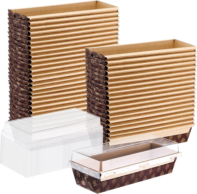 Sabary 50 Pcs Paper Baking Loaf Pan with Lids Disposable Paper Pans Mold for Christmas Winter Birthday Cake Bread Bakery Holiday Gifts(7.87 x 2.55 x 1.94 Inches)