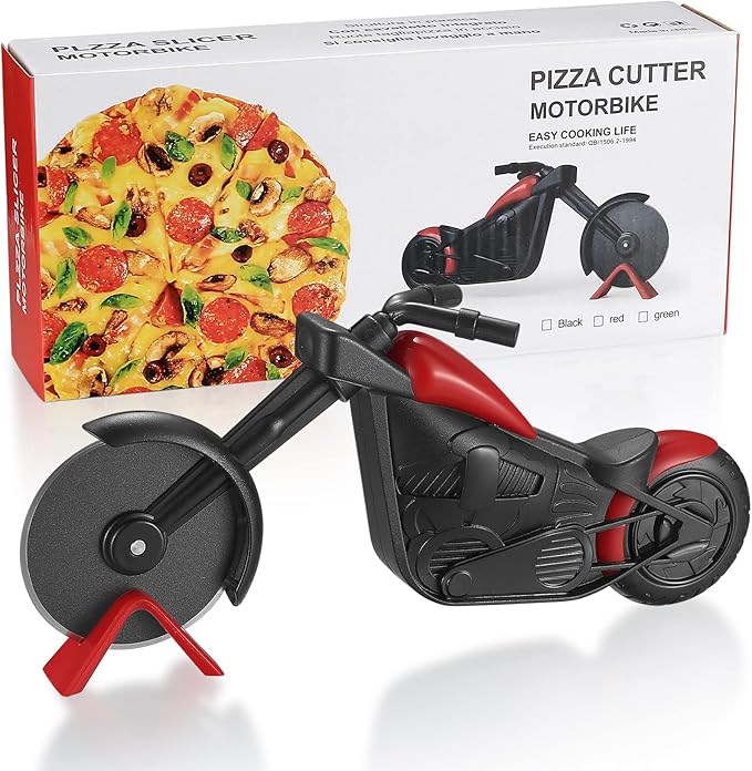 Motorcycle pizza cutter, stainless steel pizza cutter two wheels, novelty motorcycle-shaped pizza wheel cutting slicer with non-stick coating, suitable for kitchen gadgets accessories (motorcycle)