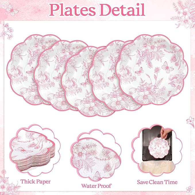 30 Pcs Pink Floral Paper Plates, 7 inch Tea Party Plates Vintage Flower Toile Plate Pink and White Dessert Plate Disposable for Easter Baby Bridal Shower Mother's Day Birthday