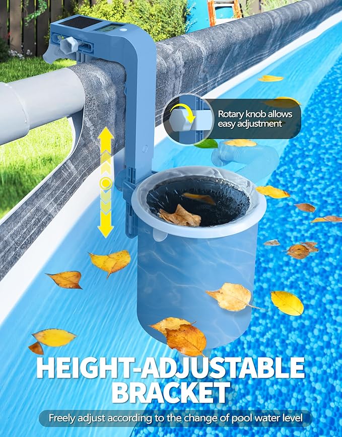BluSwim [Patented] Above Ground Pool Skimmer with Solar Digital Thermometer | Wall Mount Surface Skimmer - Auto Skimming Pool Floating Debris | 2 Upgraded Bracket - Stable&Height Adjustable-Steel Blue