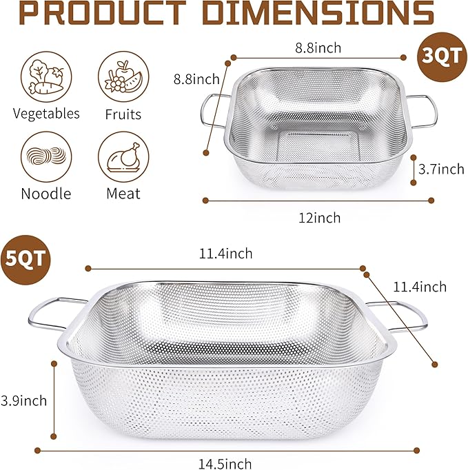 Colander Stainless Steel 3-Quart, Square Metal Strainers, Strainer for Kitchen Food, Dishwasher Safe