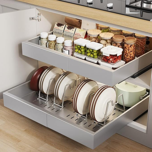 2 Pack Pull out Cabinet Organizer 21"Deep With Raising Pad for Framed Cabinets, Expandable Slide out Drawers for Kitchen Cabinets with 4pcs Divider Racks,Roll out Shelves 12.1"-20.4" W Silver