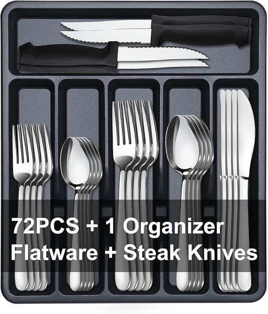 73-Piece Silverware Set with Organizer, Pleafind Stainless Steel Silverware Sets for 12, Cutlery Utensil Sets with Steak Knives, Include Forks Spoons Knives ＆ Silverware Organizer, Dishwasher Safe