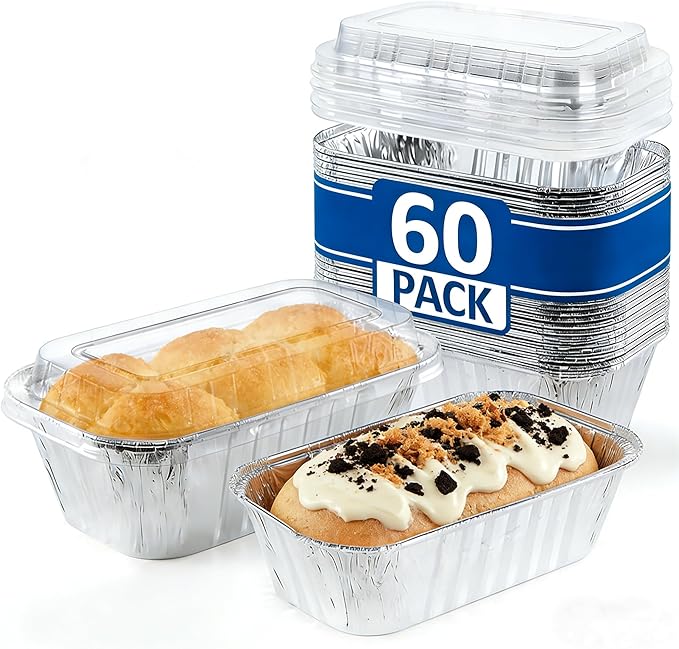 60 Pack Disposable Mini Aluminum Loaf Pans with Chear Lids,(6"x3.5"x2" )1 Lb Foil Loaf Pans,Disposable Aluminum Food Containers with Lids,Small Aluminum Tin Foil Baking Pan for Cakes, Bread, Meat