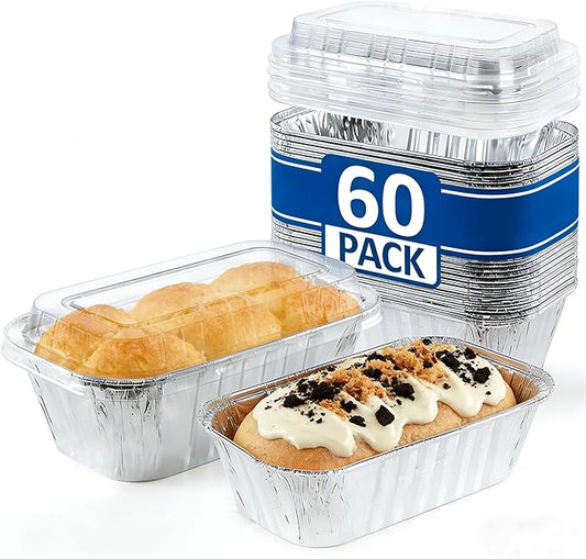 60 Pack Disposable Mini Aluminum Loaf Pans with Chear Lids,(6"x3.5"x2" )1 Lb Foil Loaf Pans,Disposable Aluminum Food Containers with Lids,Small Aluminum Tin Foil Baking Pan for Cakes, Bread, Meat