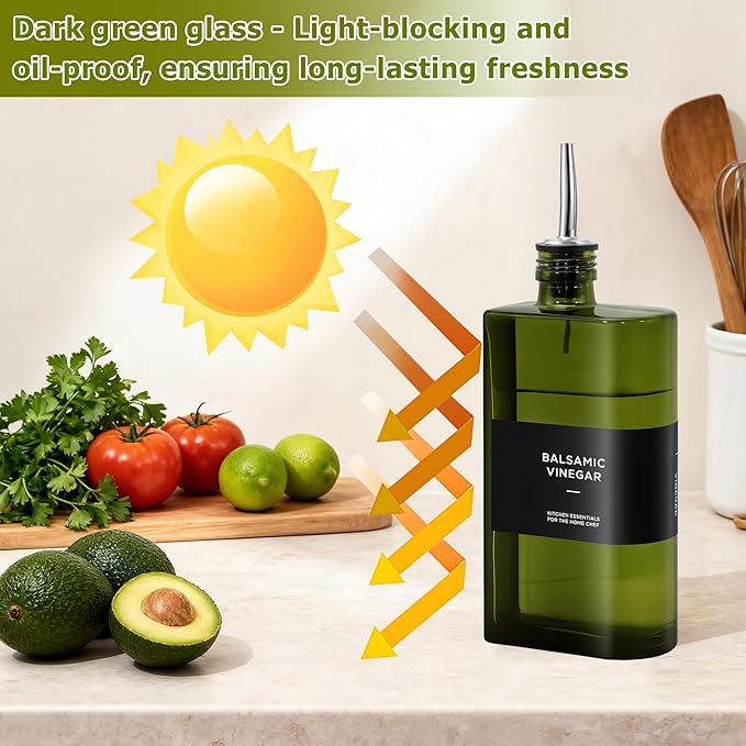 R DRURLCD Dark Green Glass Olive Oil Dispenser Set of 2, 16.9oz/500ml Curved UV-Blocking Oil and Vinegar,Soy Sauce,Coffee Syrup Bottles, 4 Gold Silver Stainless Steel Pourers for Kitchen