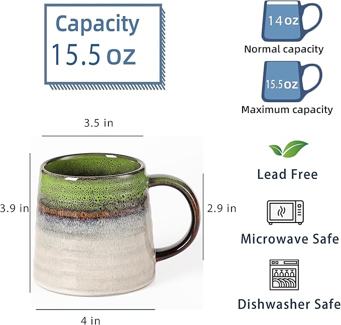 Large Ceramic Coffee Mug, Handmade Pottery Mugs, Tea Cups with Big Handle for Office and Home, 15.5 oz, Dishwasher and Microwave Safe (Spring Green)