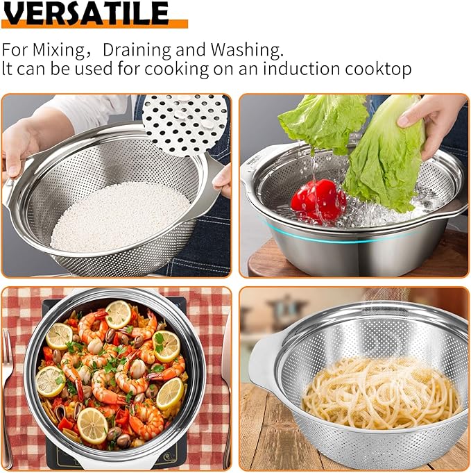 Stainless Steel Microporous Colander for Kitchen, 4QT Large Capacity, Colander and Bowl Set of Two, Stainless Steel Drain Basket with Mixing Bowl, for Washing Fruits and Vegetables