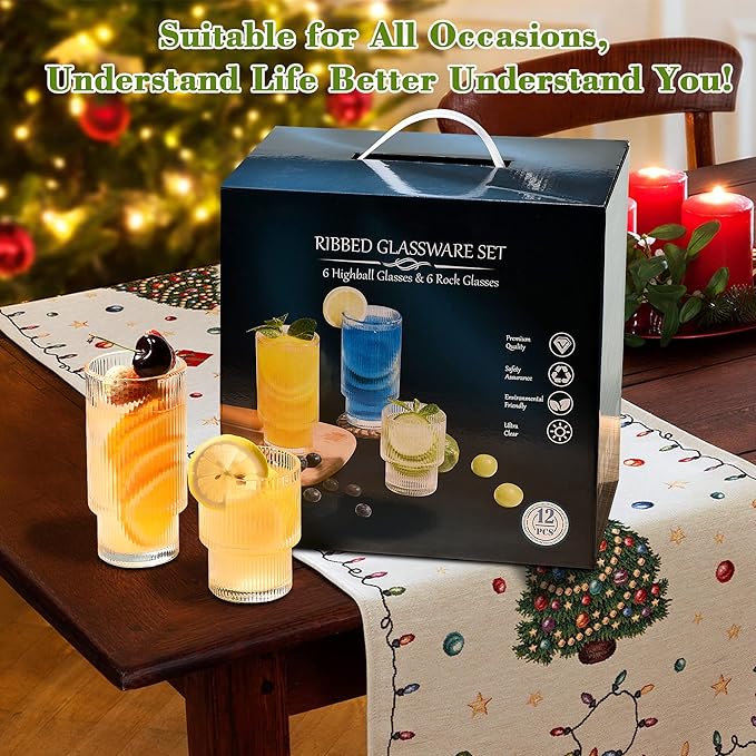 Small Ribbed Glassware Set of 12, Glass Cups 12 oz and 7 oz, Fluted Glassware, Stackable Glasses, Cups for Kitchen, Gift Box Set