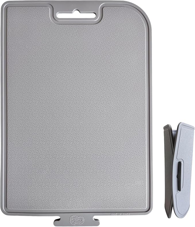 Korean Made Thick Silicone Double-Sided Usable Cutting Board 14.3" x 9.7" Foldable Design Drip Groove Grip Handle Dishwasher Safe Gray Color 1PCS Gift for Mom (Gray) Stocking Stuffer