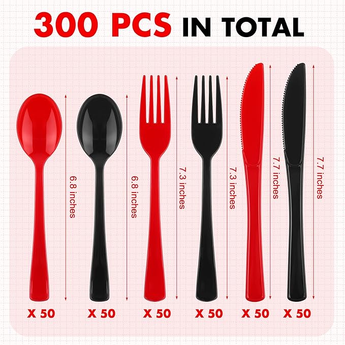 Kochorie 300 Pcs Black and Red Graduation Plastic Silverware, Disposable Plastic Utensils, Heavy Duty Cutlery Set Heavyweight Congrats Grad Flatware, Spoons Forks Knifes for Graduation Party Supplies