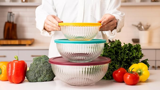 Sculpted 3 Pack Glass Mixing Bowls (1.1 QT, 2.1 QT, 3.7 QT) – Borosilicate Glass Bowls with Airtight BPA-Free Lids, Nesting Bowls for Baking and Prepping Food, Oven, Freezer & Microwave Safe