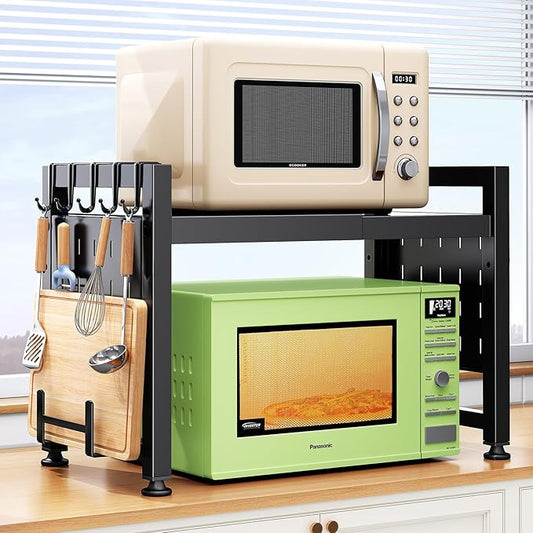 Expandable Microwave Stand Countertop, 2-Tier Adjustable Microwave Oven Rack with 8 Hooks & 2 Holders, Heavy Duty Carbon Steel Microwave Shelf for Kitchen Counter Organizer and Storage, Holds 120lbs