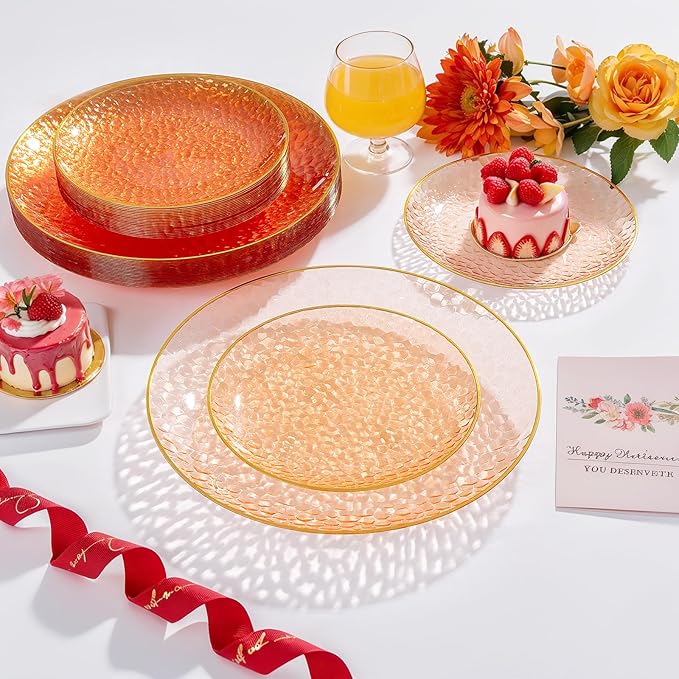 Rubtlamp 175 Pcs Plastic Dinnerware Set (25 Guests), Orange And Gold Plastic Plates, Hammered Party Plates Set Include Dinner Plates, Dessert Plates, Cups&Cutlery Set And Napkins for Wedding And Party