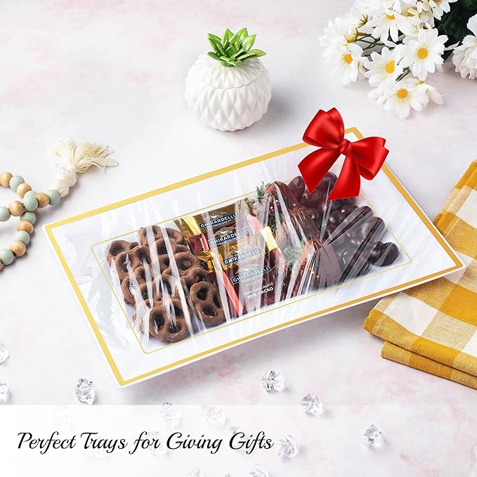 Elegant Plastic Serving Tray & Platter Set (6pk) - White & Gold Rim Disposable Serving Trays & Platters for Food - Weddings, Upscale Parties, Dessert Table, Cupcakes - 8 x 12.85 inches