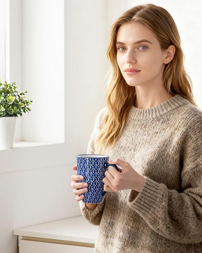 vancasso SELENE Porcelain Tea Mug, 18 oz Porcelain Tea Cup with Infuser and Lid Steeps Loose Leaf Tea, Microwave & Dishwasher Safe, Geometric Weave