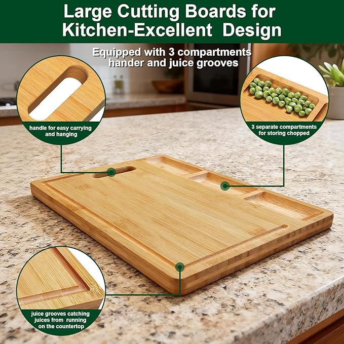 Bamboo Cutting Boards for Kitchen with 3 Compartments & Juice Grooves, Double-Sided Chopping Board with Handle, Kitchen Gifts, Wood Cutting Boards for Meats Vegetable Fruits (15.2x10.5x0.6'')
