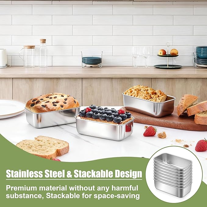 P&P CHEF Mini Loaf Pans Set, 8 PCS Small Bread Loaf Pan for Baking, 6.3 x 3.5 Inch Stainless Steel Baking Pans for Homemade Bread, Meatloaf, Cake and Brownies, Healthy & Non Toxic, Dishwasher Safe