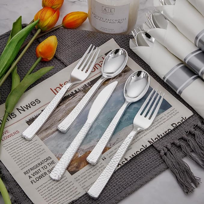 Supernal 60 Pack Pre-Rolled Silver Plastic Cutlery Heavy Duty Wrapped Silverware Disposable Premium Silver Plastic Silverware Forks and Spoons for Valentine's Day Mother's Day and Easter