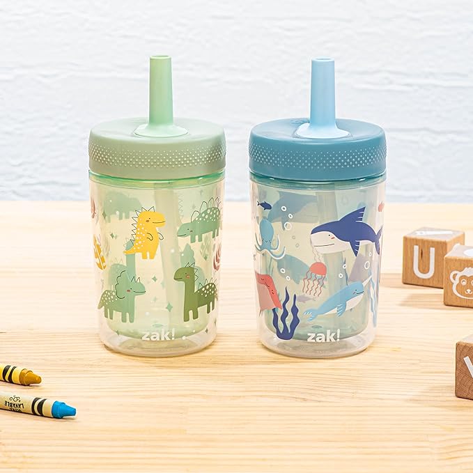 Zak Designs Capri Toddler Tumblers For Travel or At Home, 9oz 2-Pack Double Wall Plastic Sippy Cups With Leak-Proof Design is Perfect For Kids (Dino Buddies, Bubble Bay)