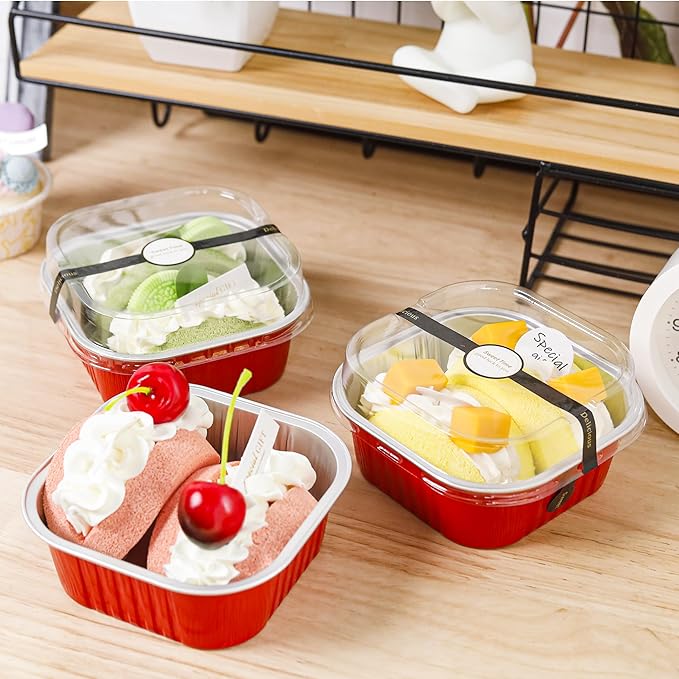 60 pack Mini Cake Pans with Lids Foil Pans Square Aluminum Pans with Lids Cupcake Liners for Birthday Wedding Party Gift (Red, 10 oz)